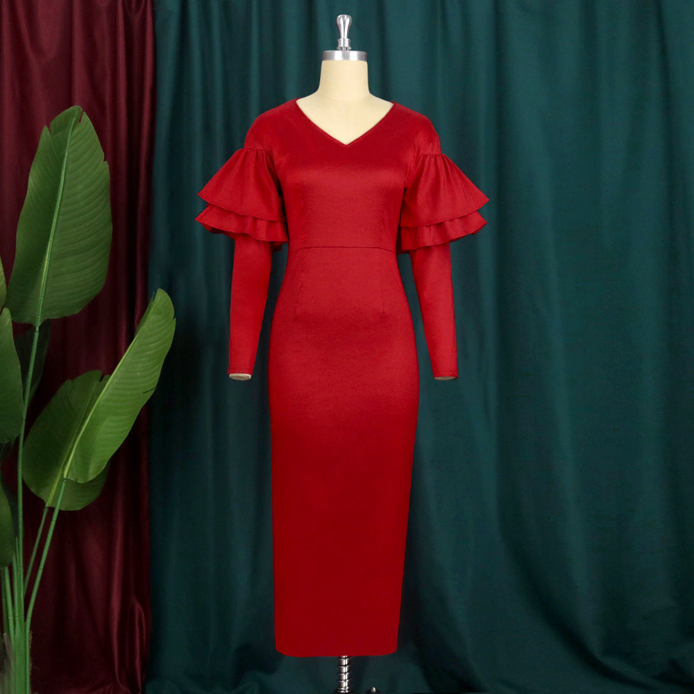 Damen Langarmkleid mit voluminösen Puffärmeln und V-Ausschnitt R&B