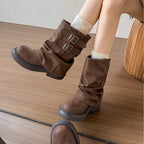 Damen modische Winterstiefel mit modischem Falten-Design und dekorativen Schnallen R&B