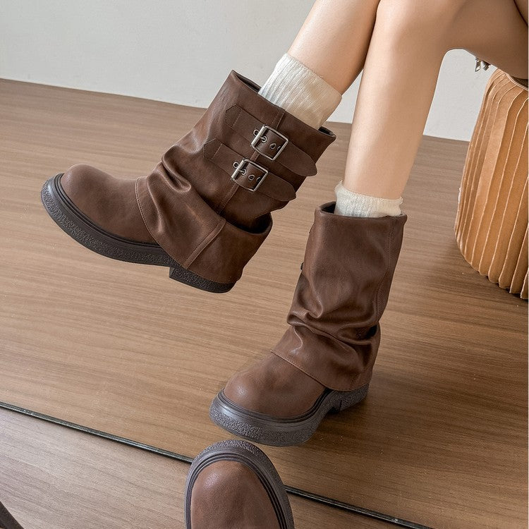 Damen modische Winterstiefel mit modischem Falten-Design und dekorativen Schnallen R&B