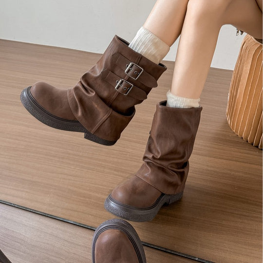 Damen modische Winterstiefel mit modischem Falten-Design und dekorativen Schnallen R&B