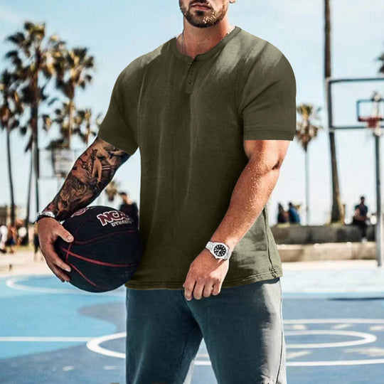 Herren lässiges Kurzarm-Henley-Shirt mit hochwertigem Baumwoll-Mix und praktischem Knopfdesign R&B