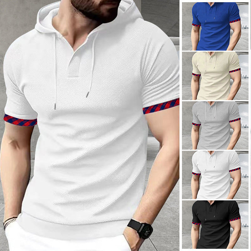 Herren nan schmal geschnittenes Kurzarm-Kapuzenshirt im Polostil mit Henley-Ausschnitt und karierter Ärmelmanschette R&B