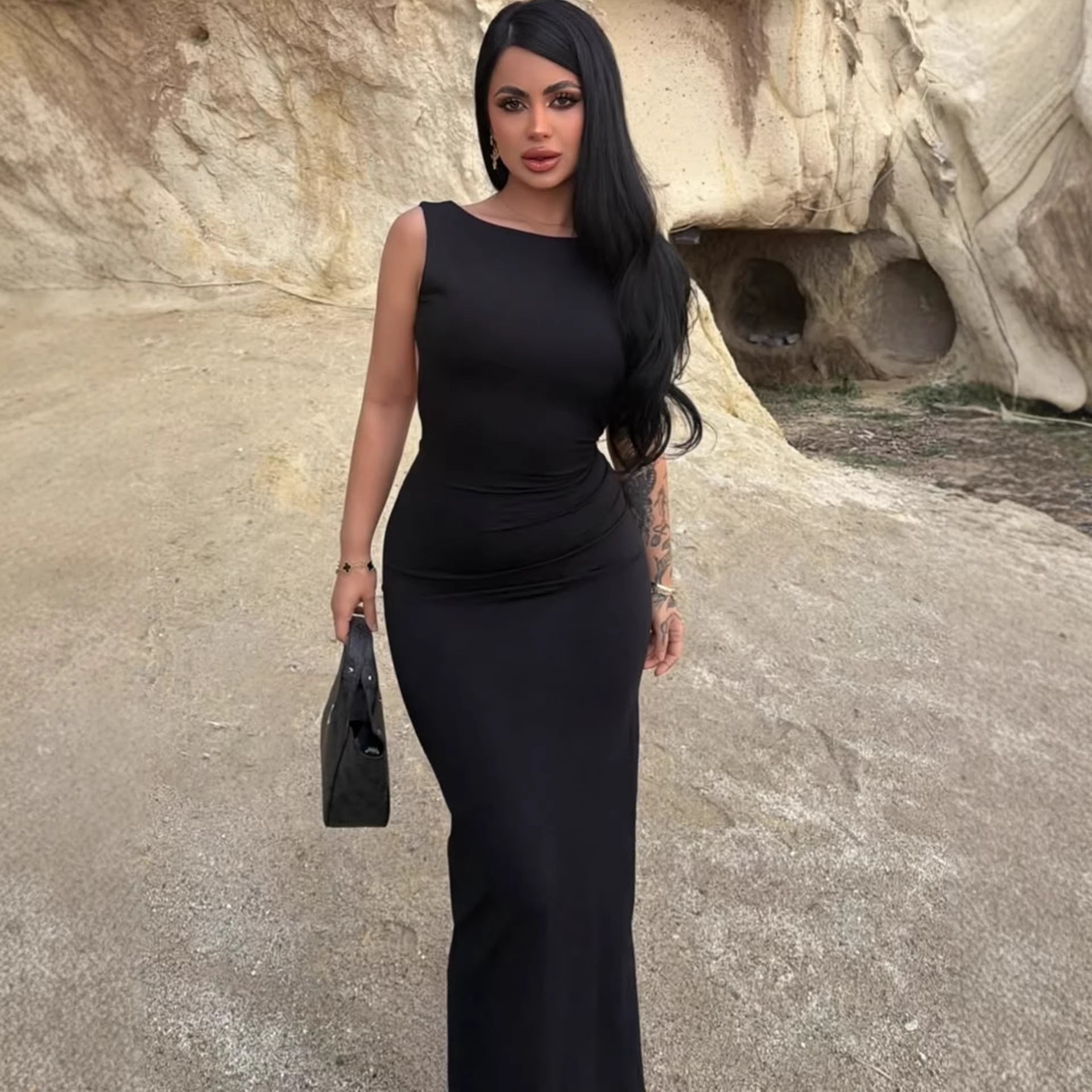 Damen körperbetontes Maxikleid mit schönem U-Boot-Ausschnitt und bequemen Tragekomfort R&B