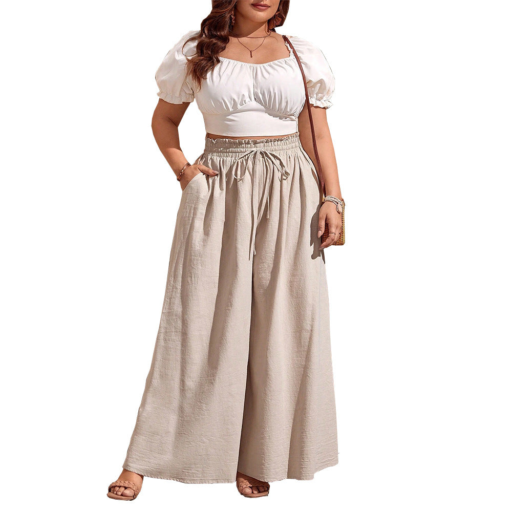 Damen weite Leinenhose mit elastischem Bund und seitlichen Taschen R&B