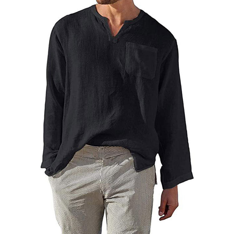 Herren Leinen Langarmshirt mit Henley-Ausschnitt und Brusttasche R&B