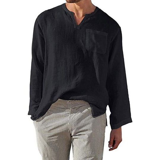 Herren Leinen Langarmshirt mit Henley-Ausschnitt und Brusttasche R&B