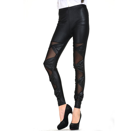 Damen Leggings mit transparenten Einsätzen und dekorativen Knoten R&B