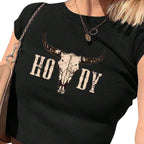 Damen Crop-T-Shirt mit kreativen Cow Skull Design R&B