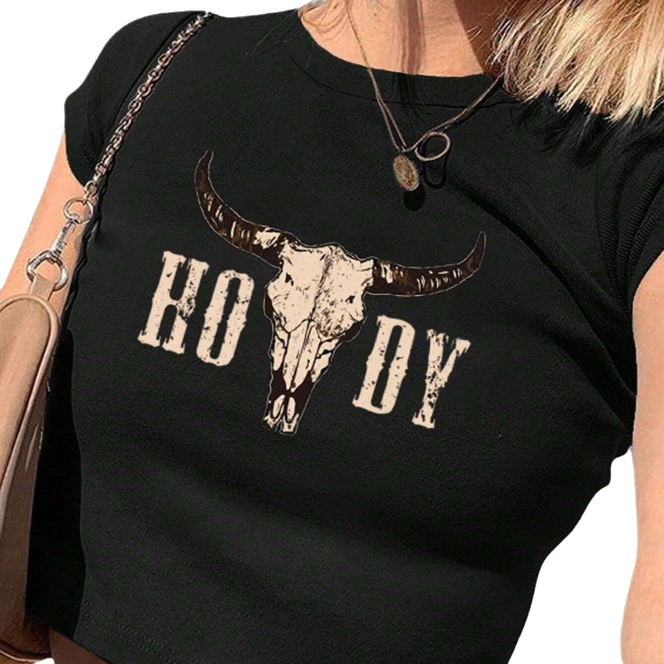 Damen Crop-T-Shirt mit kreativen Cow Skull Design R&B