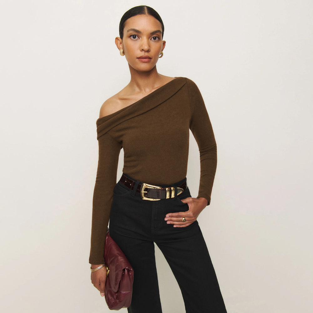 Damen Elegantes Langarmoberteil mit schrägem Ausschnitt und figurbetontem Schnitt R&B