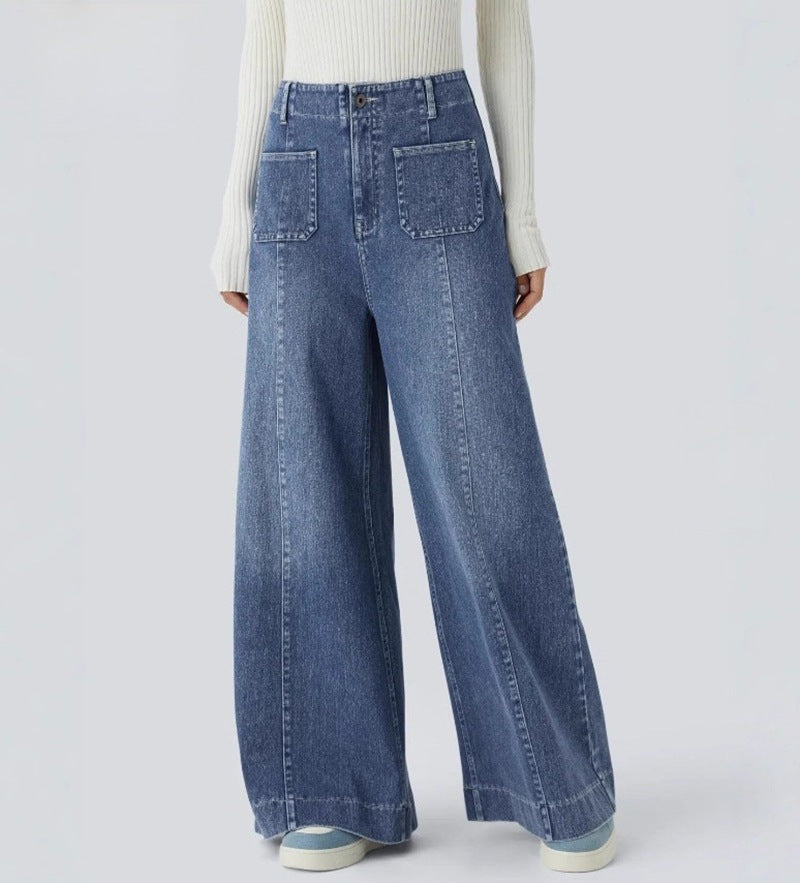 Damen nan hochtaillierte weite Jeanshose mit aufgesetzten Fronttaschen und vertikaler Ziernaht R&B
