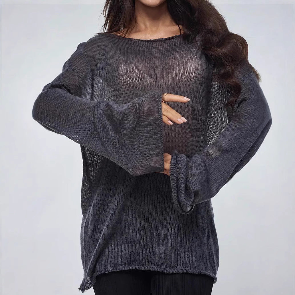 Damen luftige Strickbluse mit offenen Schultern und weiten Ärmeln R&B