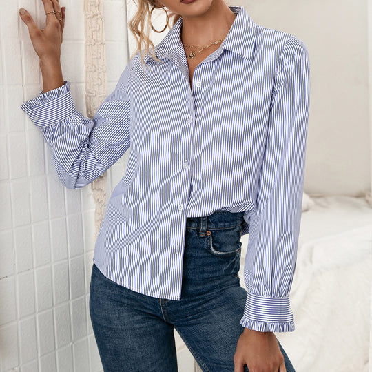 Damen Bluse mit Streifenmuster und modischem Knopfdetail R&B