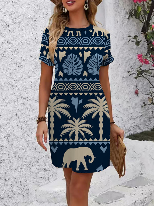 Damen lässiges Kurzarmkleid mit modernem Hahnentrittmuster und bequemer Passform R&B