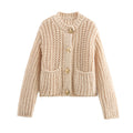 Damen strickige und warme Cardigan mit großen Taschen und goldenen Knöpfen