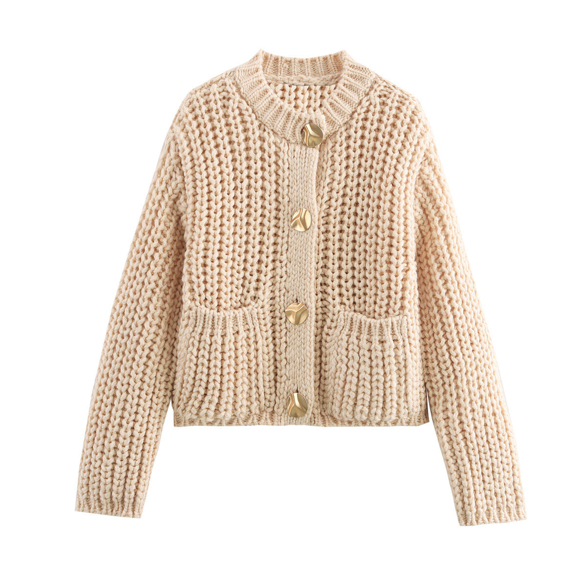 Damen strickige und warme Cardigan mit großen Taschen und goldenen Knöpfen