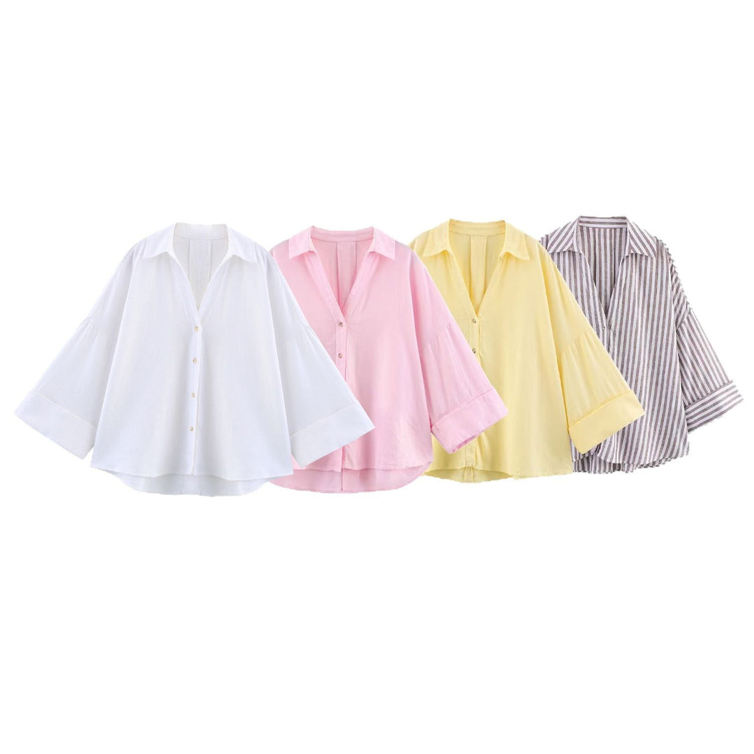 Damen lässige Bluse mit voluminösen Ärmeln und durchgehender Knopfleiste R&B