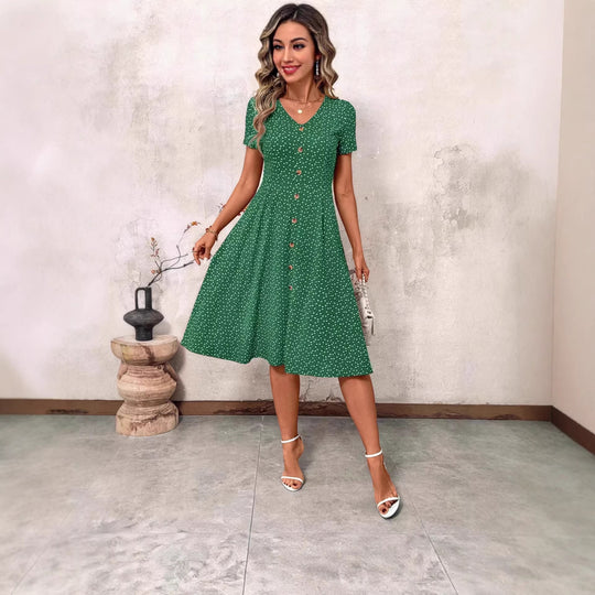 Damen Knielanges Kleid mit V-Ausschnitt und Knopfdetails R&B