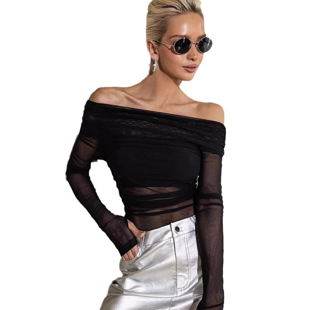 Damen Offshoulder Langarm-Top aus transparentem Netzmaterial R&B