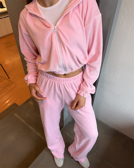 Damen sportliches Cropped-Set mit Kapuzenjacke und elastischer Jogginghose R&B