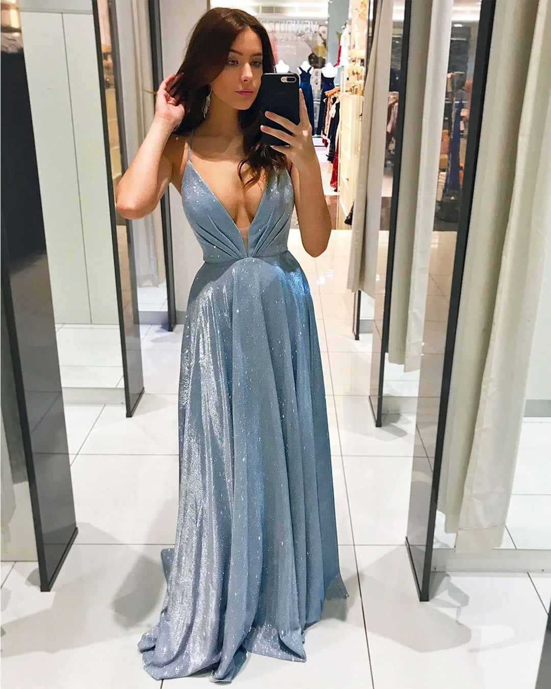 Damen Glamouröses Abendkleid mit tiefem V-Ausschnitt und funkelnden Details R&B
