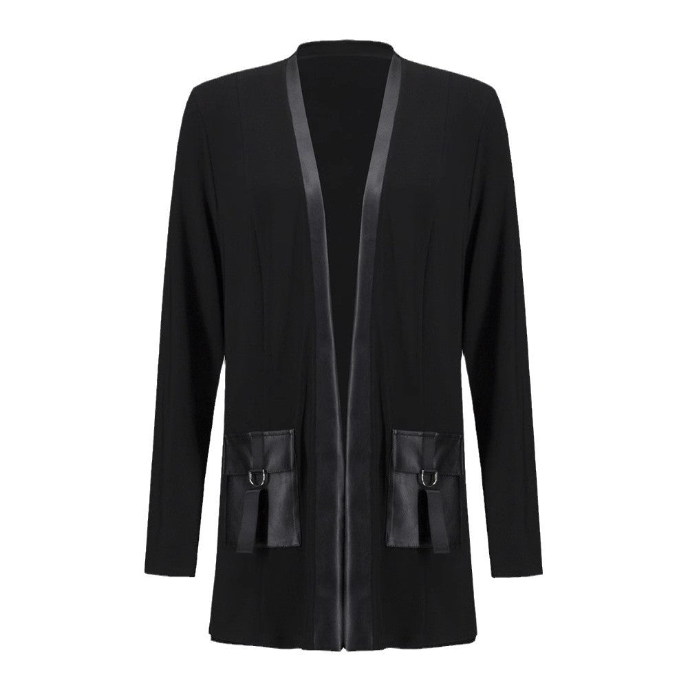 Damen nan offener Jersey-Cardigan mit Lederimitat-Besatz und D-Ring-Taschen R&B