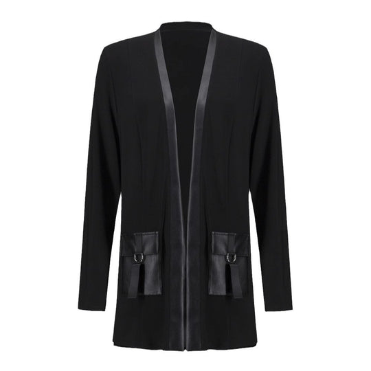 Damen nan offener Jersey-Cardigan mit Lederimitat-Besatz und D-Ring-Taschen R&B