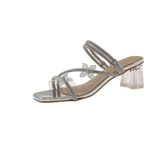 Damen Elegante Sandaletten mit funkelnden Strassblumen und transparentem Absatz R&B