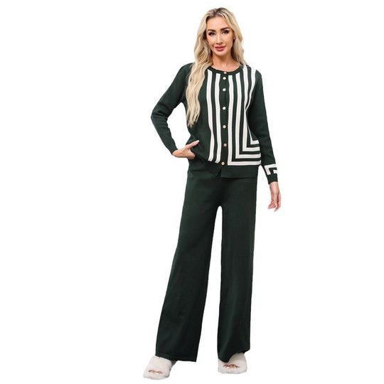 Damen elegantes Strick-Loungewear-Set mit grafischem Muster und Knopfdetaillierung R&B