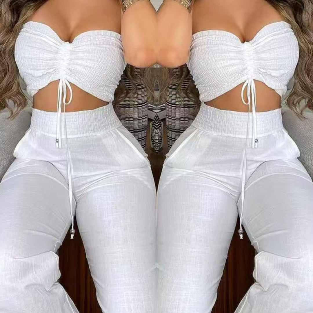 Damen Zweiteiliges Outfit aus leichtem Material mit verstellbarem Crop-Top und High-Waist-Hose R&B