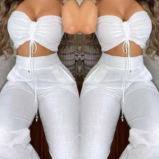Damen Zweiteiliges Outfit aus leichtem Material mit verstellbarem Crop-Top und High-Waist-Hose R&B