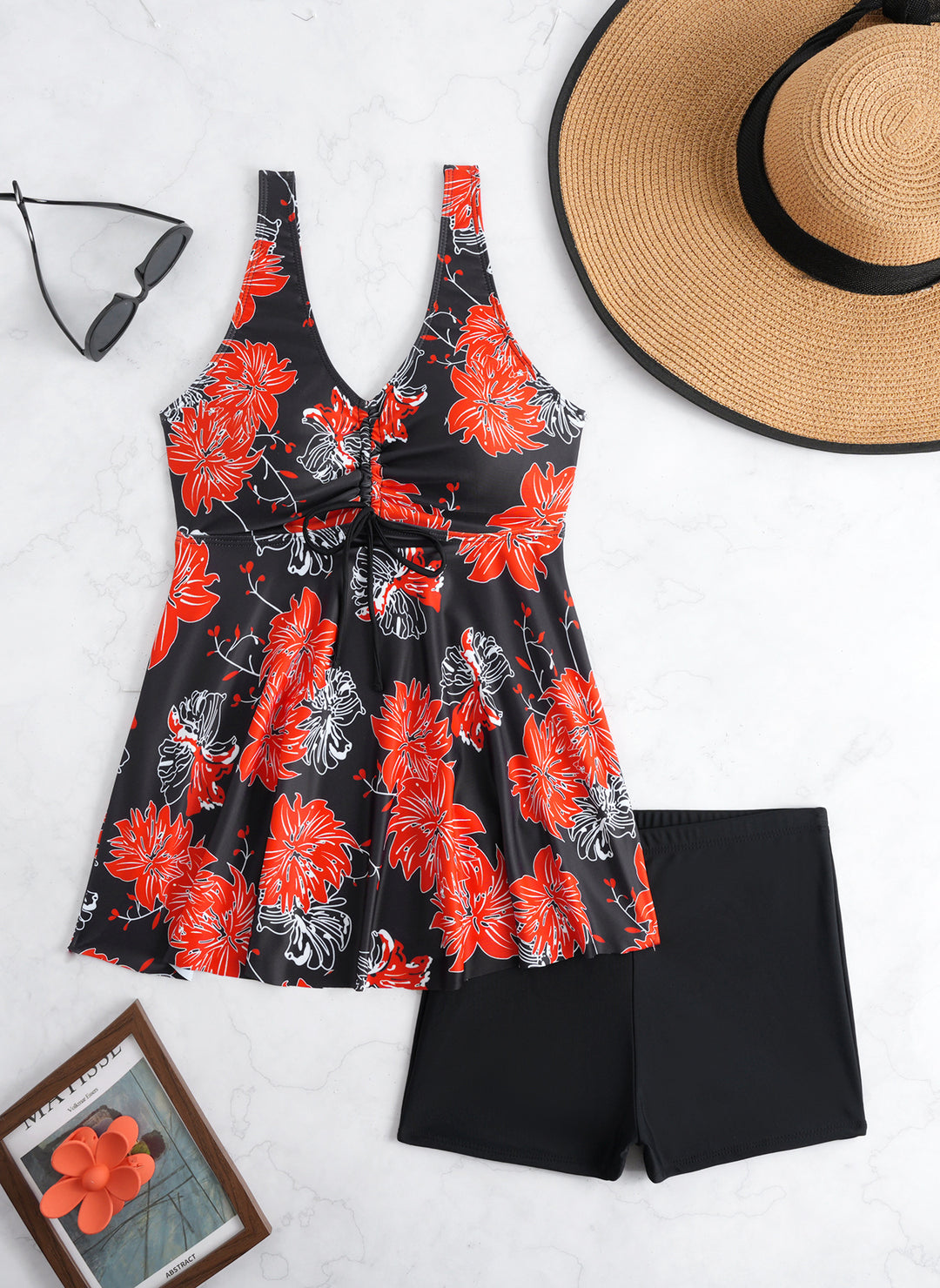 Damen Tankini-Set mit modischem Volant und grafischem Pfauenmuster R&B