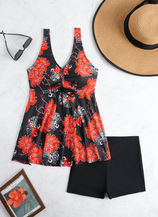 Damen Tankini-Set mit modischem Volant und grafischem Pfauenmuster R&B