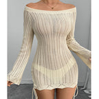 Damen Strickkleid im modernen Off-Shoulder Design mit weiten Ärmeln und Raffungen R&B