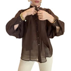 Damen transparente Bluse mit Schleifenkragen R&B