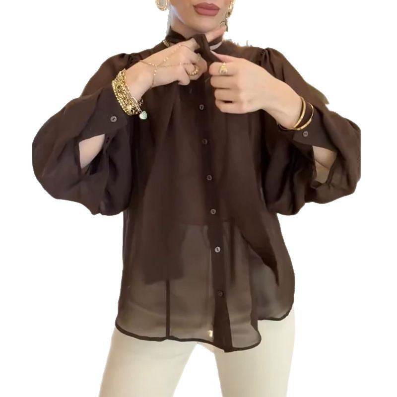 Damen transparente Bluse mit Schleifenkragen R&B