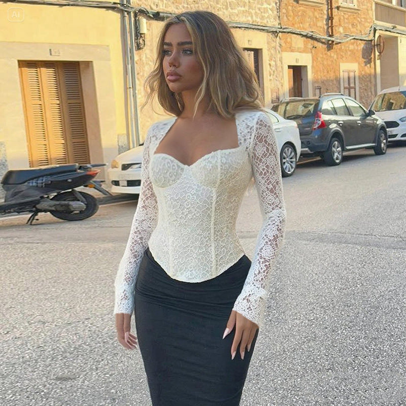 Damen elegante Spitzenbluse mit langem Arm und tailliertem Schnitt R&B