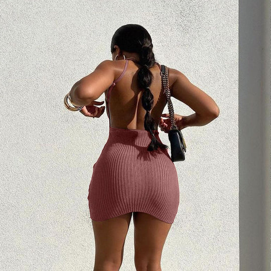 Damen figurbetontes Rippenkleid mit verstellbaren Spaghettiträgern R&B
