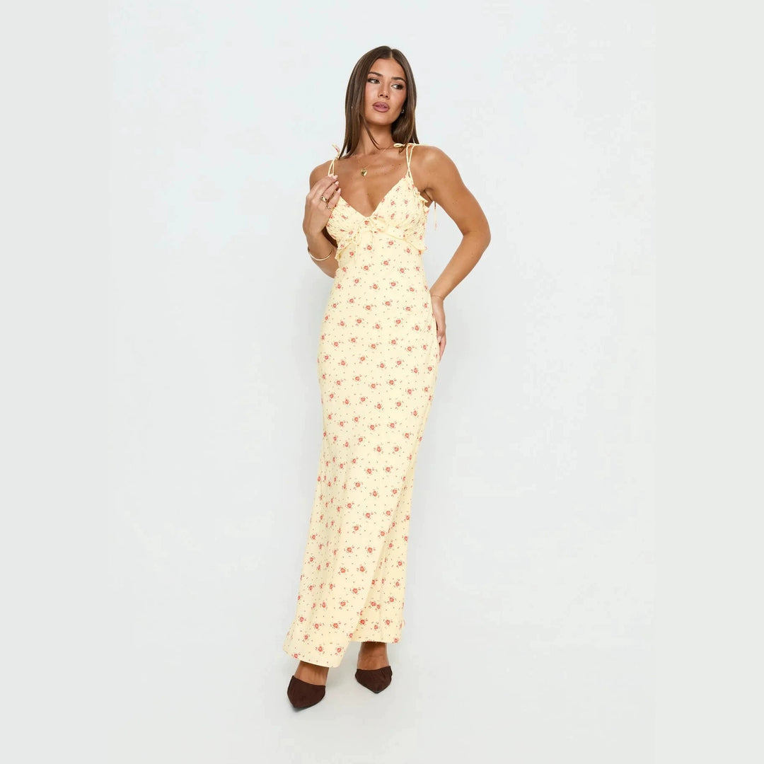 Damen Maxi-Kleid mit verspieltem Blumenmuster und verstellbaren Spaghetti-Trägern R&B