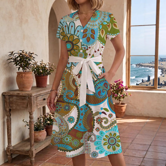 Damen Midikleid mit floralem Motiv und Taillengürtel R&B