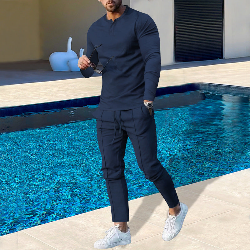 Herren nan athletisches Henley-Langarmshirt und schmal zulaufende Jogginghose mit Ziernähten R&B