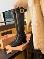 Damen elegante Overknee-Stiefel mit dekorativem Schnallenverschluss und moderner Blockabsatz