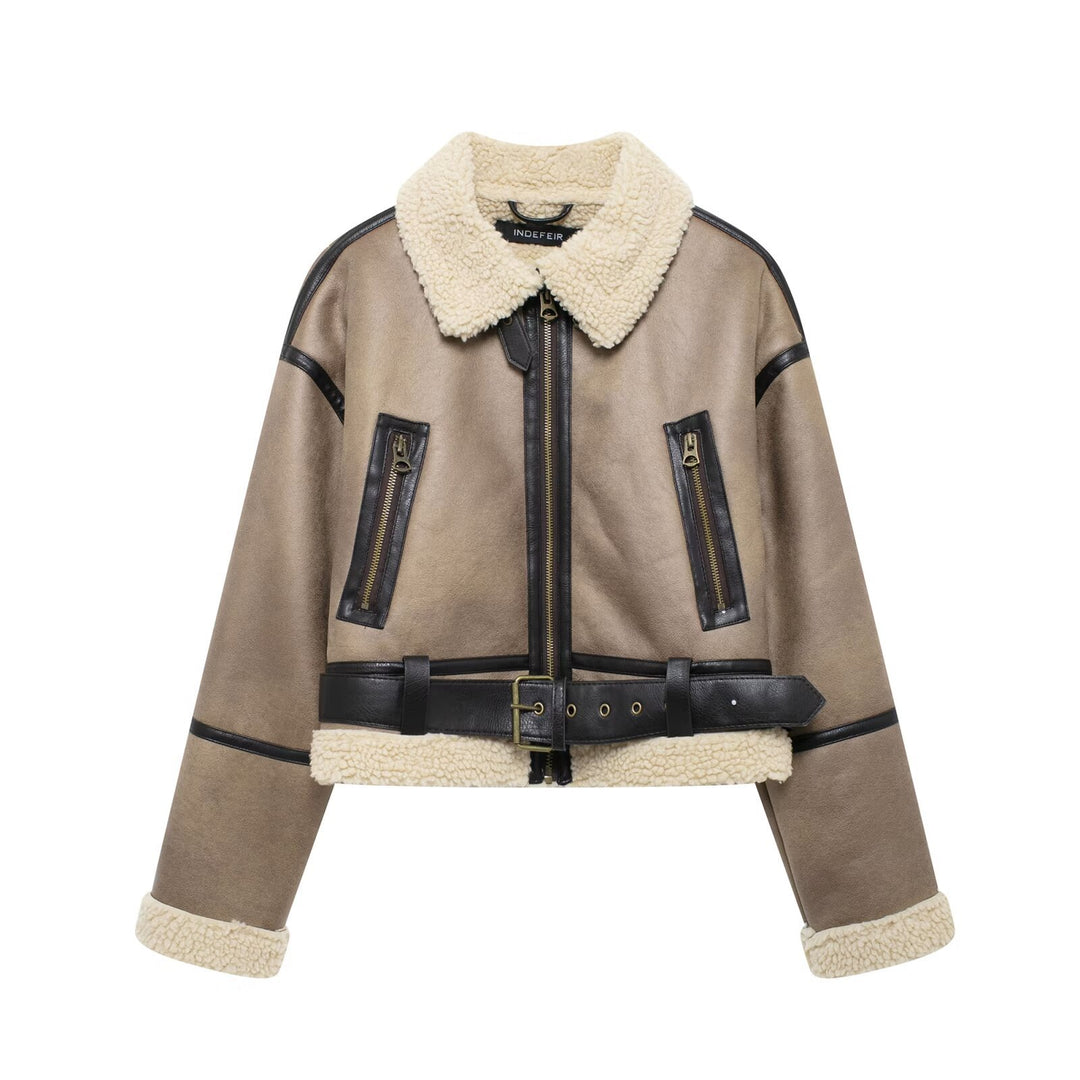 Damen Modische Übergangsjacke aus hochwertigem Kunstleder mit Teddyfell-Kragen und praktischen Taschen R&B