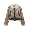 Damen Modische Übergangsjacke aus hochwertigem Kunstleder mit Teddyfell-Kragen und praktischen Taschen R&B