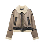 Damen Modische Übergangsjacke aus hochwertigem Kunstleder mit Teddyfell-Kragen und praktischen Taschen R&B