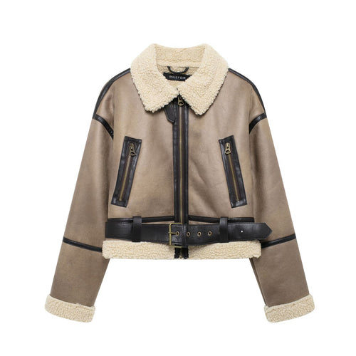 Damen Modische Übergangsjacke aus hochwertigem Kunstleder mit Teddyfell-Kragen und praktischen Taschen R&B