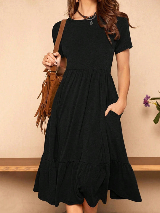 Damen lässiges Midikleid mit Taschen und voluminösen Rüschendetails R&B