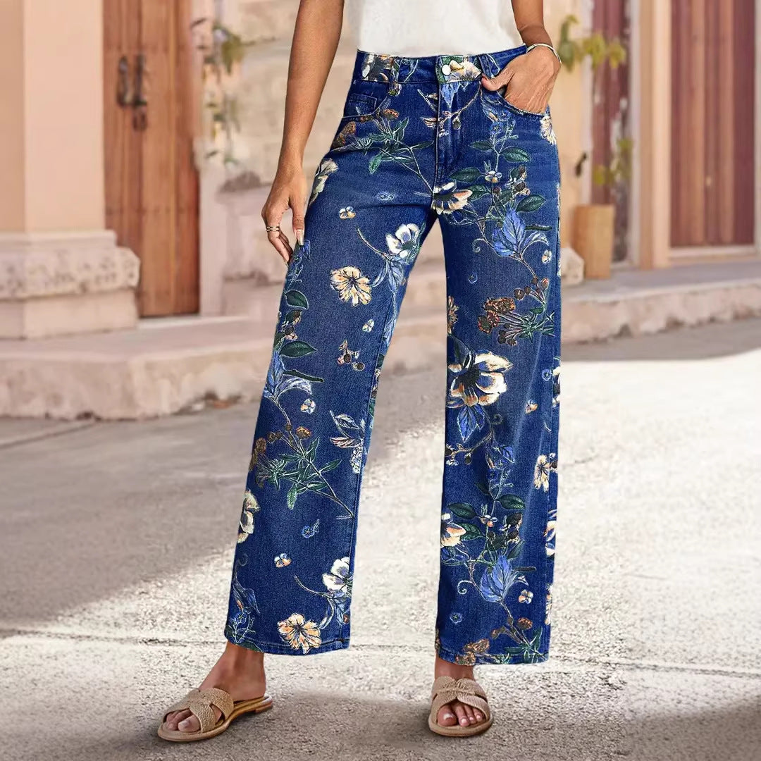 Damen Weit geschnittene Jeans mit floralem Druck und hohem Bund R&B