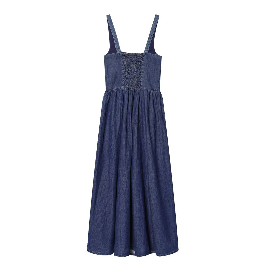 Damen Denim Maxikleid mit schwingendem Rock und verstellbaren Trägern R&B