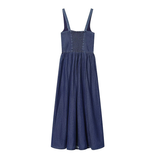Damen Denim Maxikleid mit schwingendem Rock und verstellbaren Trägern R&B